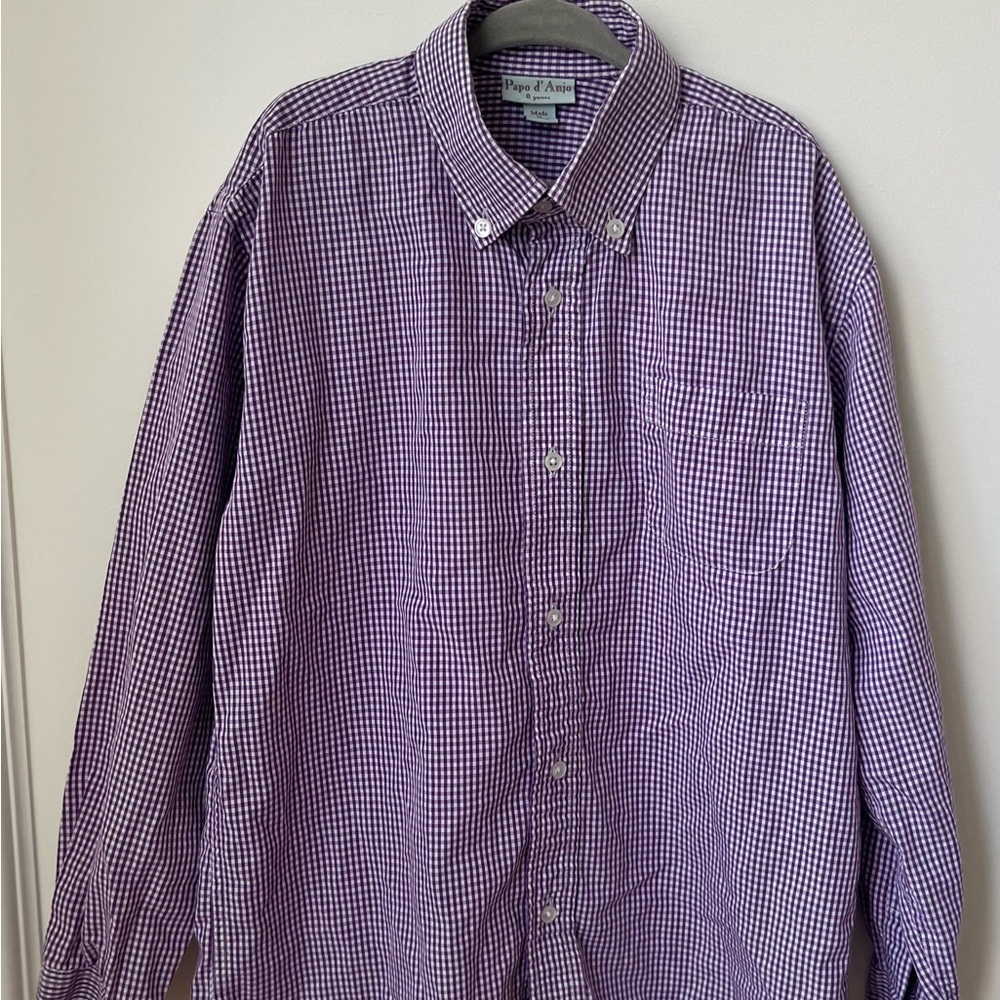 Papo D’Anjo Boys Purple And White Gingham Check Button Down Shirt Size 8 Years